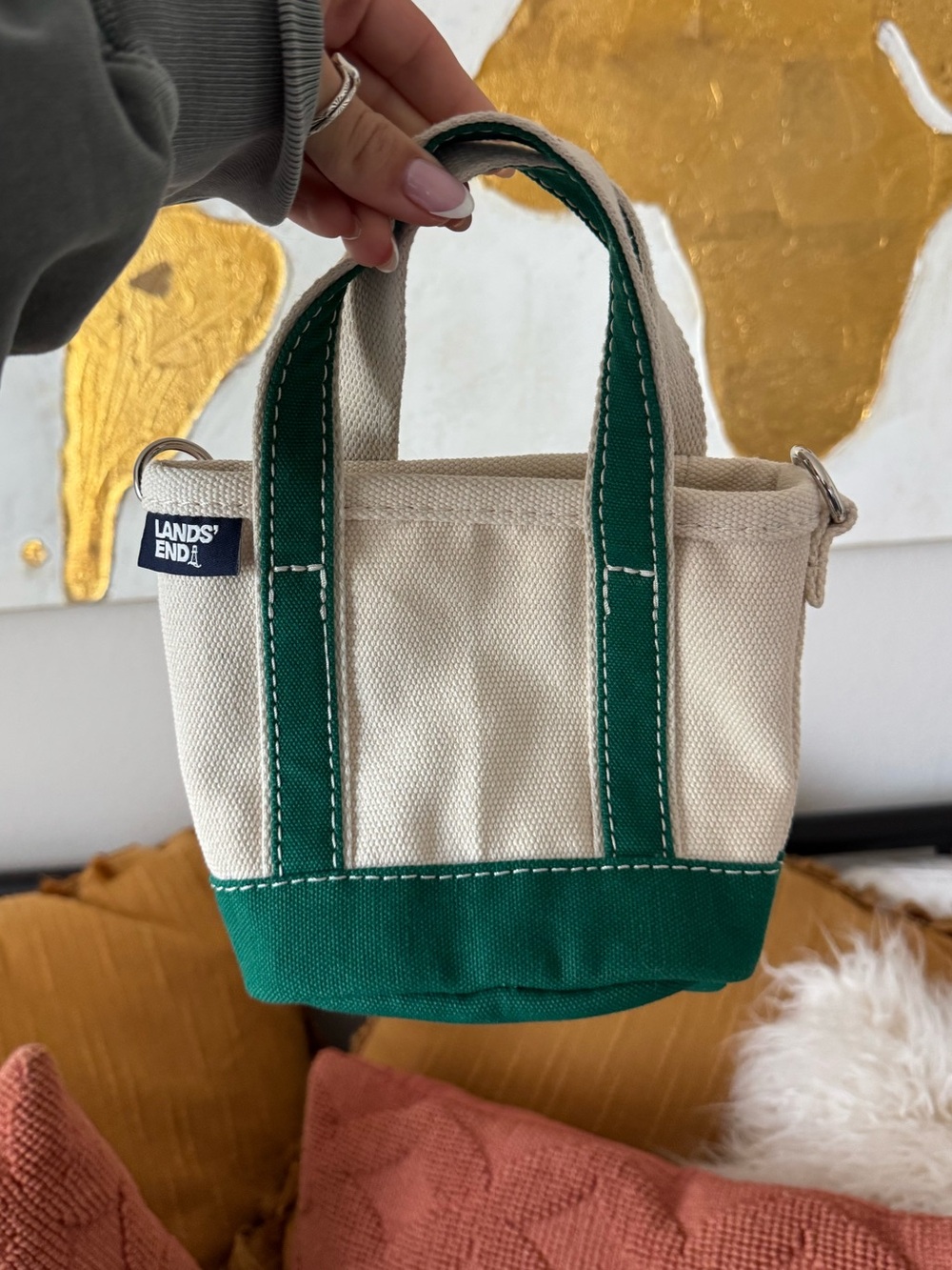 Lands' End Cream Canvas Mini Tote with Green Trim